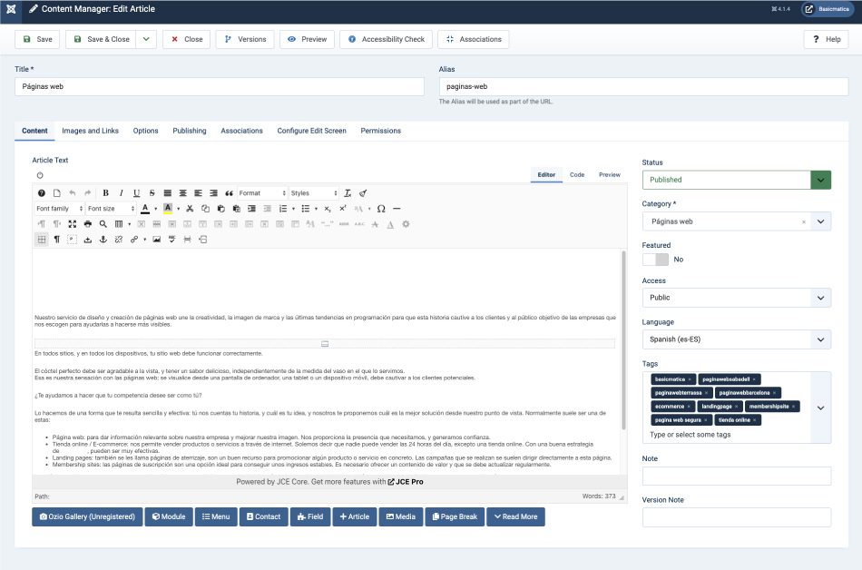 Formulario de edición de un artículo en Joomla