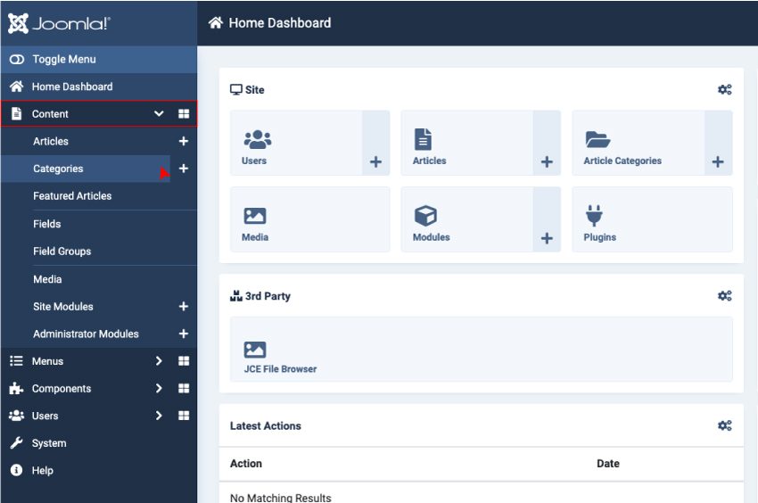 Menú Contenido Categorías del administrador de Joomla