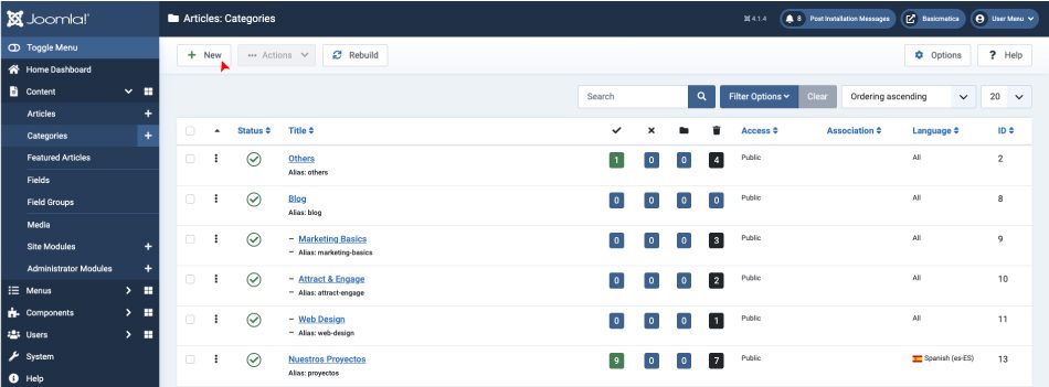 Gestor de categorías de Joomla
