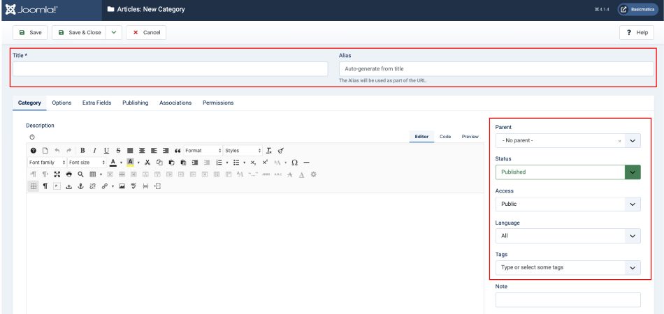 Formulario para crear una categoría en Joomla