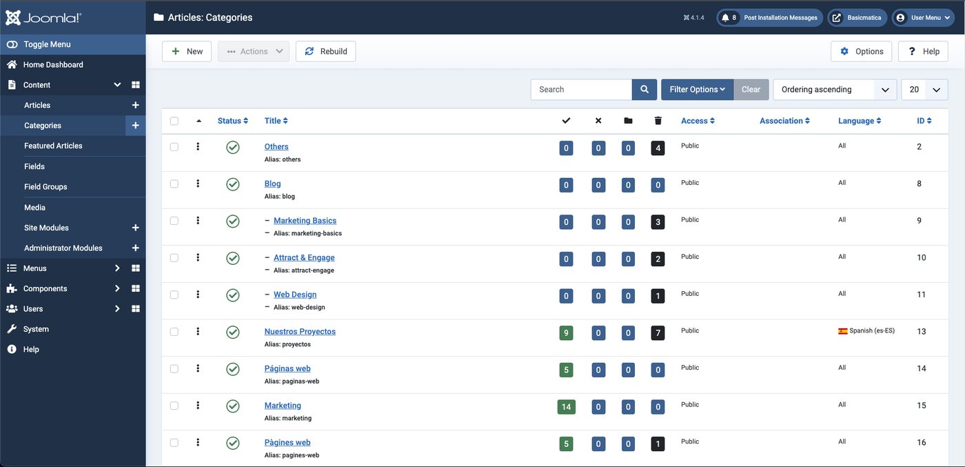Listado del gestor de categorías de Joomla