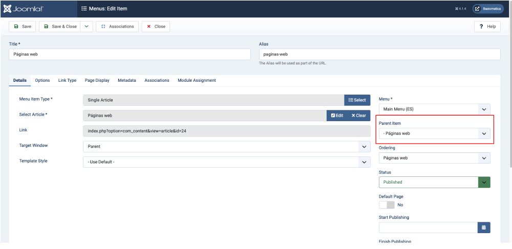 Selector de elemento principal e idioma de un menú en Joomla