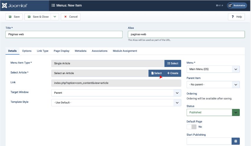 Selector de artículo de un ítem de menú en Joomla